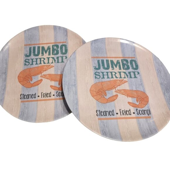Beach Shrimp Plates Set of 2 Round Melamine Decor Dinner  10'' Beach Coastal - Picture 1 of 3